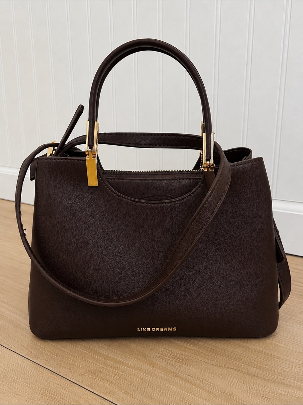 Like Dreams Cherry Chocolate Brown Satchel Crossbody Handbag Gold Hardware